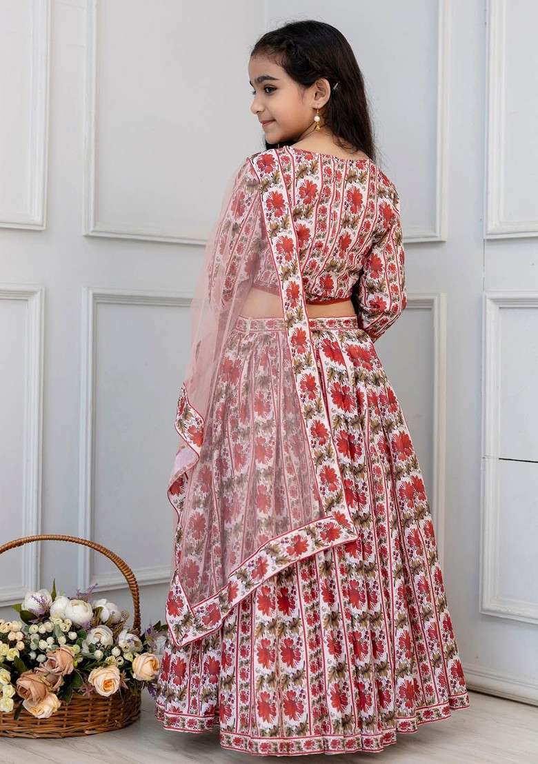 White Printed Cotton Blend Lehenga Choli For Girls - Indya
