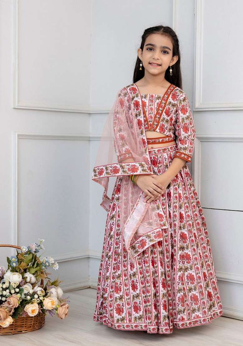 White Printed Cotton Blend Lehenga Choli For Girls - Indya