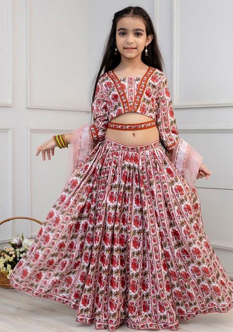White Printed Cotton Blend Lehenga Choli For Girls — view on Indya