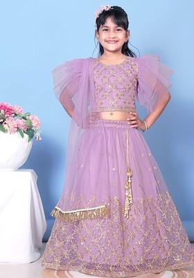 Lavender Embroidered Blended Lehenga Choli For Girls