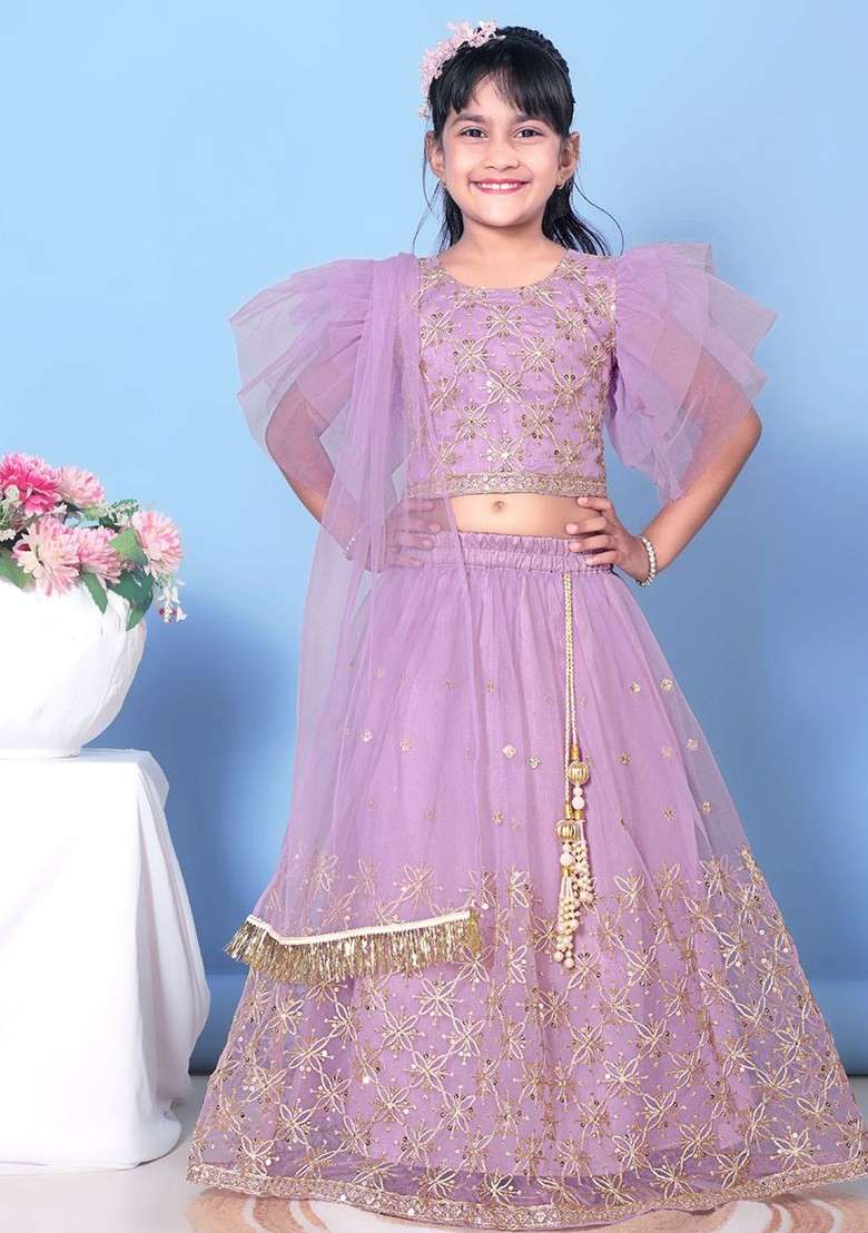 Lavender Embroidered Blended Lehenga Choli For Girls - Indya