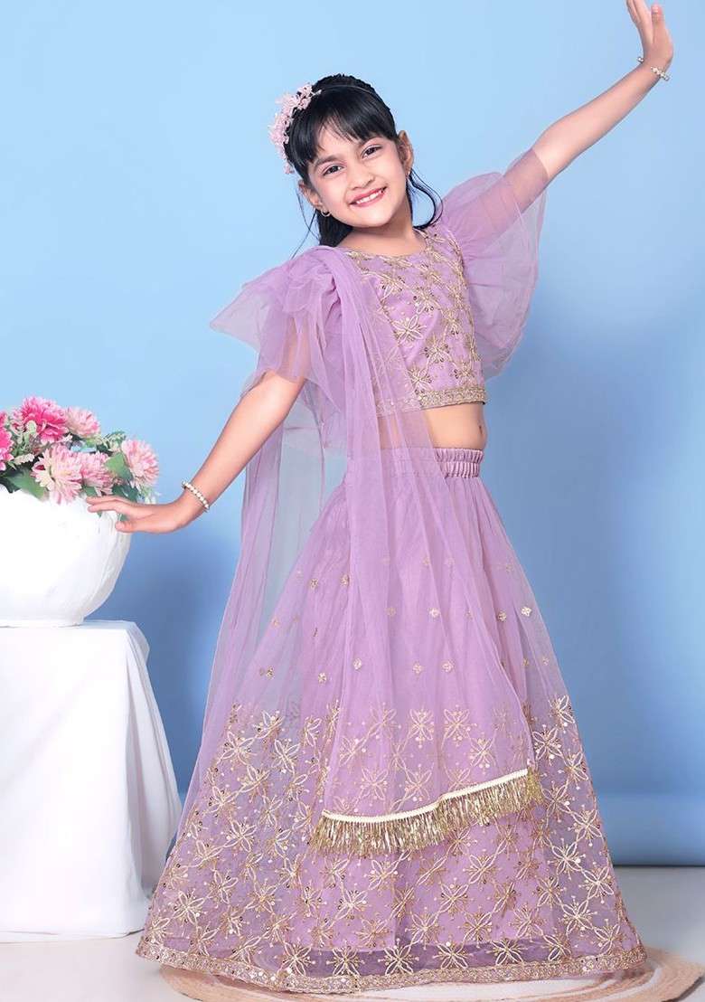 Lavender Embroidered Blended Lehenga Choli For Girls - Indya
