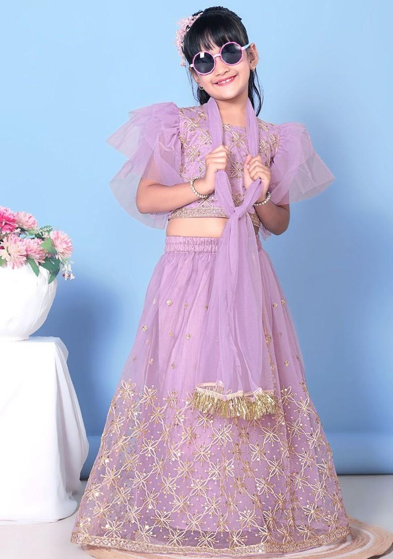 Lavender Embroidered Blended Lehenga Choli For Girls - Indya
