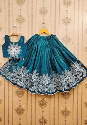 Teal Embroidered Blended Lehenga Choli For Girls