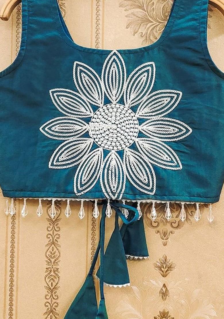 Teal Embroidered Blended Lehenga Choli For Girls - Indya