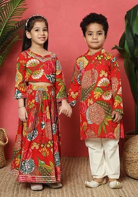 Red Printed Cotton Blend Lehenga Choli For Girls