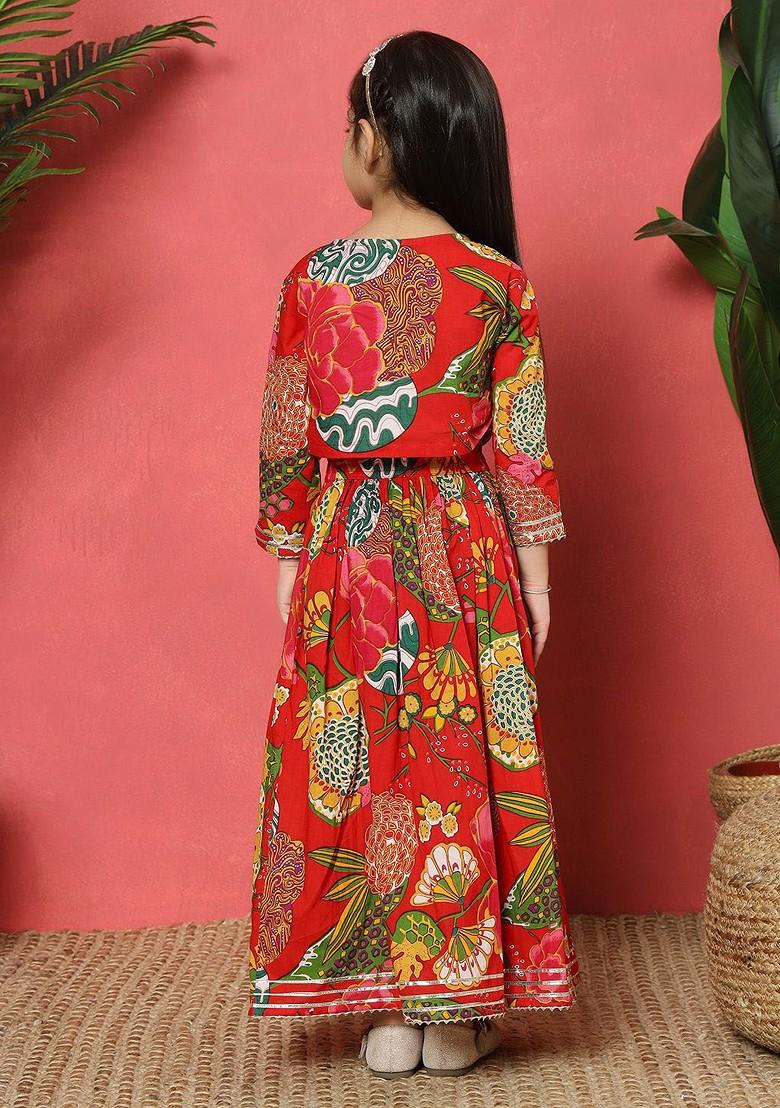 Red Printed Cotton Blend Lehenga Choli For Girls - Indya