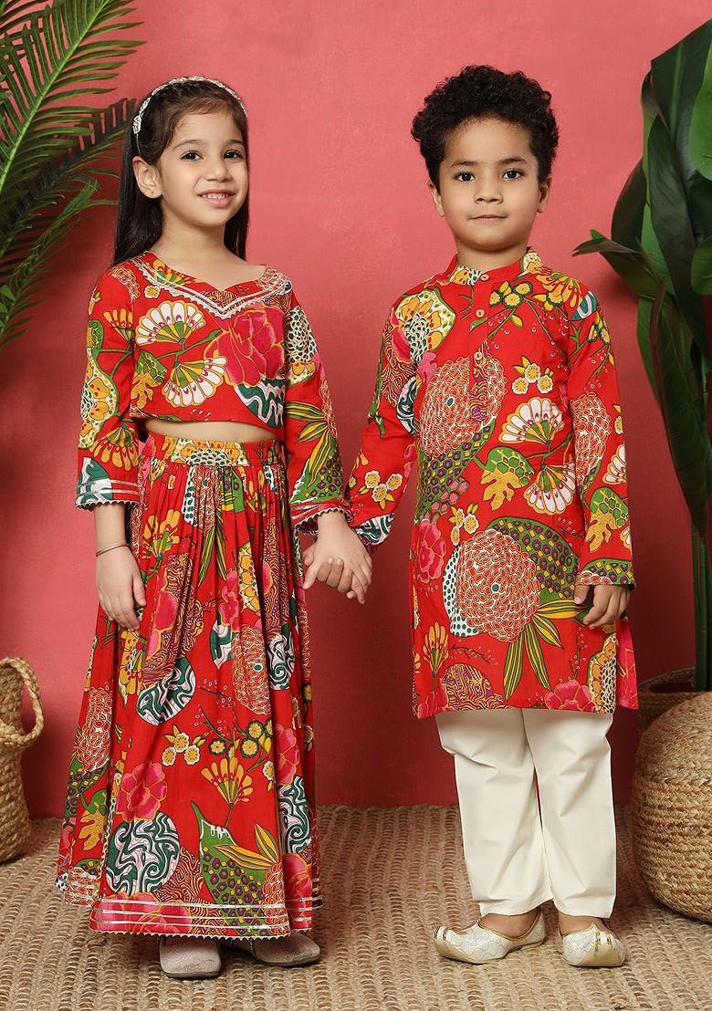 Red Printed Cotton Blend Lehenga Choli For Girls - Indya