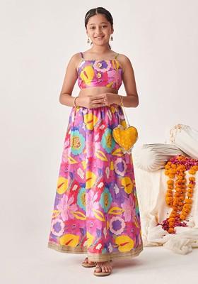 Purple Printed Blended Lehenga Choli For Girls