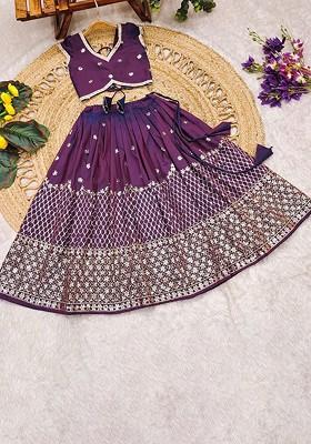 Purple Embellished Blended Lehenga Choli For Girls