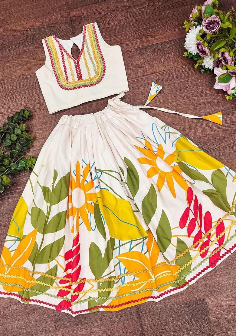 Off White Embellished Blended Lehenga Choli For Girls - Indya