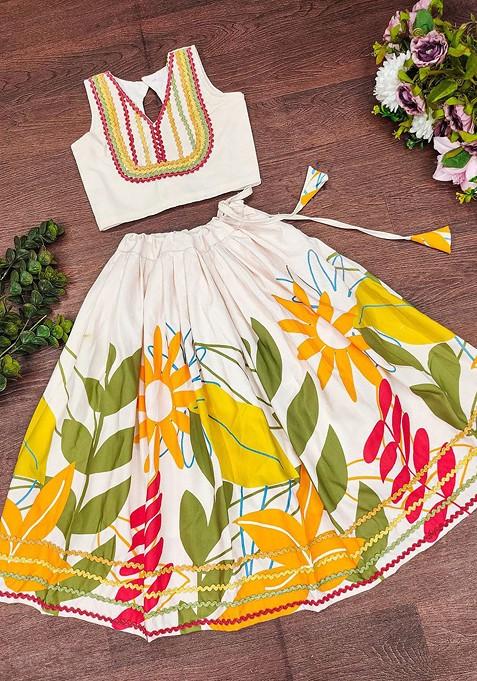 Off White Embellished Blended Lehenga Choli For Girls