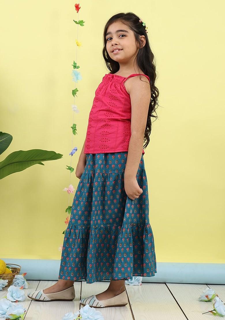 Blue Embroidered Cotton Blend Lehenga Choli For Girls - Indya