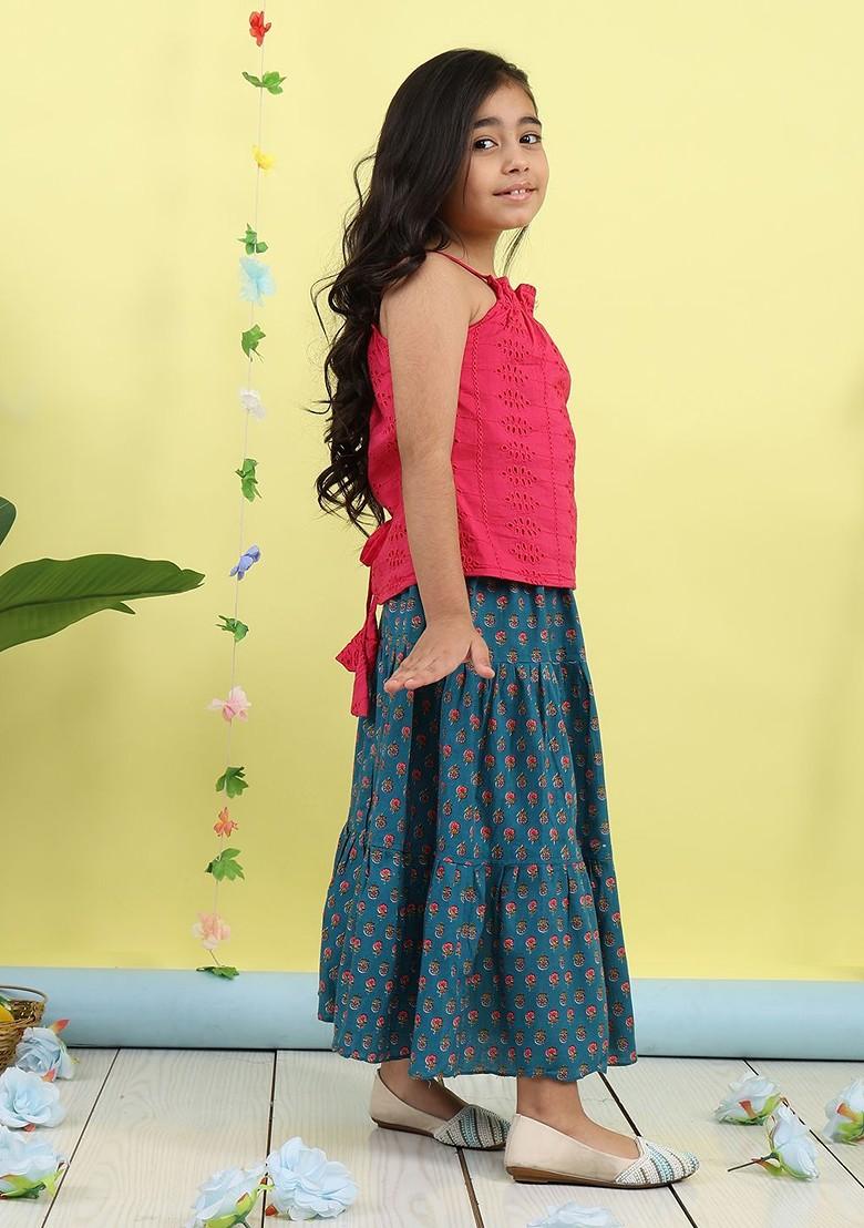 Blue Embroidered Cotton Blend Lehenga Choli For Girls - Indya