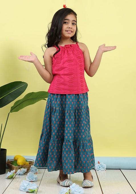 Blue Embroidered Cotton Blend Lehenga Choli For Girls — view on Indya