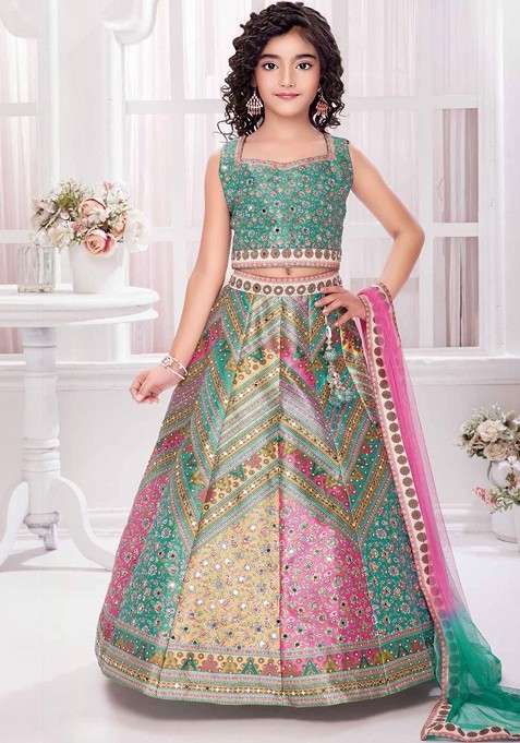 Multicolor Embroidered Silk Lehenga Choli For Girls