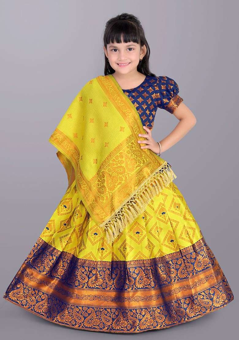 Yellow Embroidered Blended Lehenga Choli For Girls - Indya
