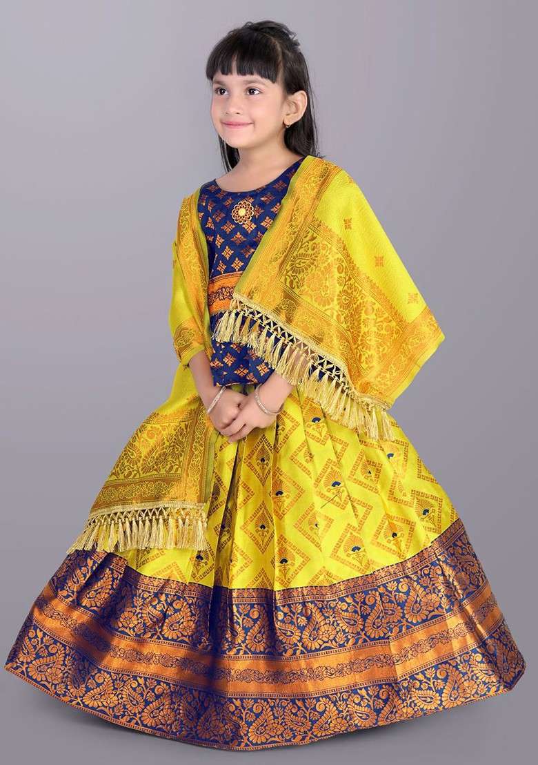 Yellow Embroidered Blended Lehenga Choli For Girls - Indya