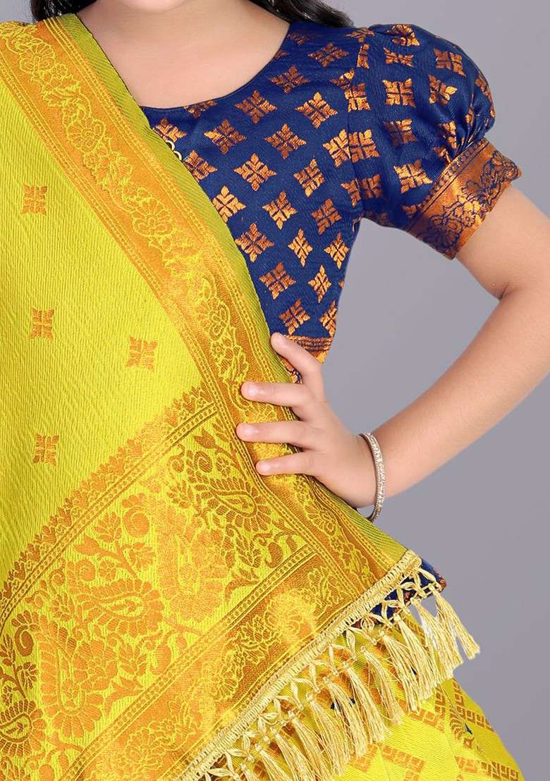 Yellow Embroidered Blended Lehenga Choli For Girls - Indya