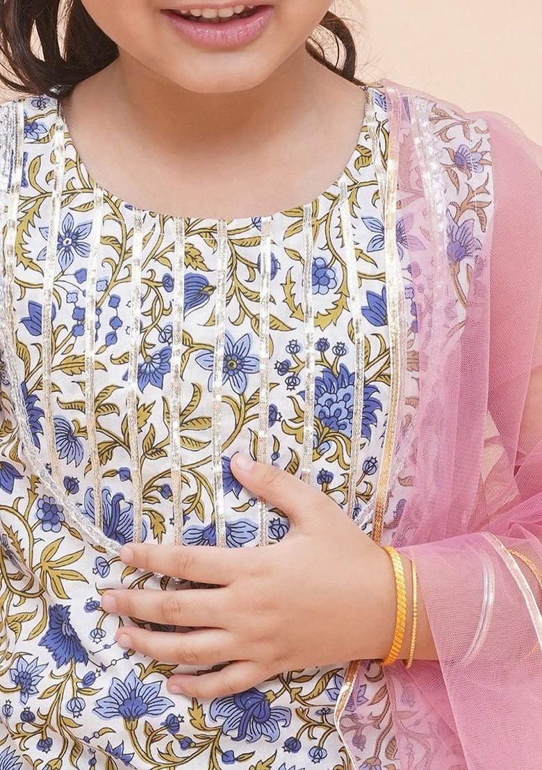 White Embellished Cotton Blend Lehenga Choli For Girls - Indya