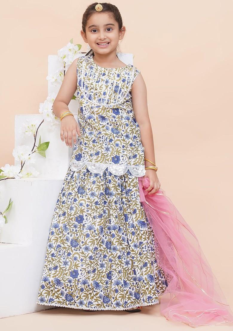 White Embellished Cotton Blend Lehenga Choli For Girls - Indya