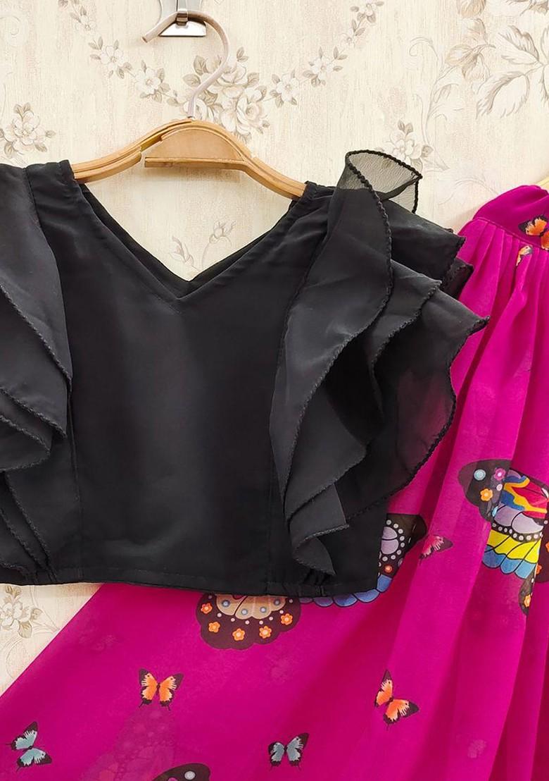 Pink Printed Blended Lehenga Choli For Girls - Indya