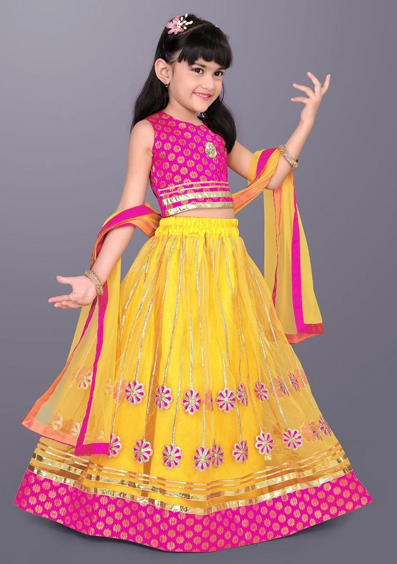 Yellow Embroidered Blended Lehenga Choli For Girls - Indya