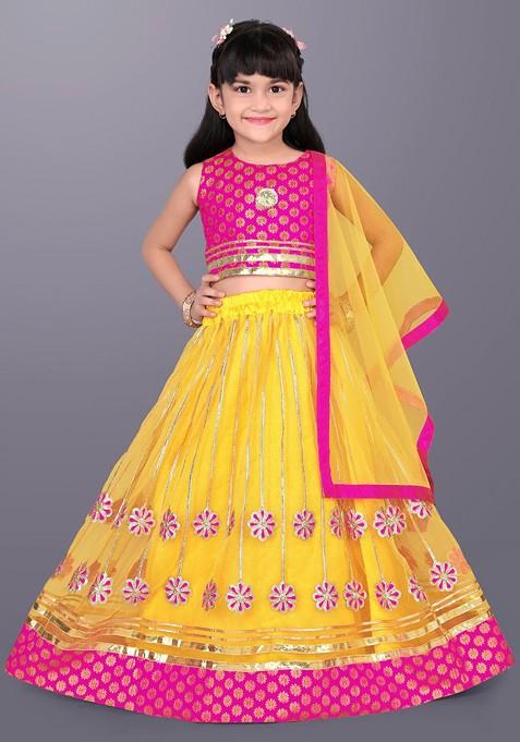 Yellow Embroidered Blended Lehenga Choli For Girls — view on Indya