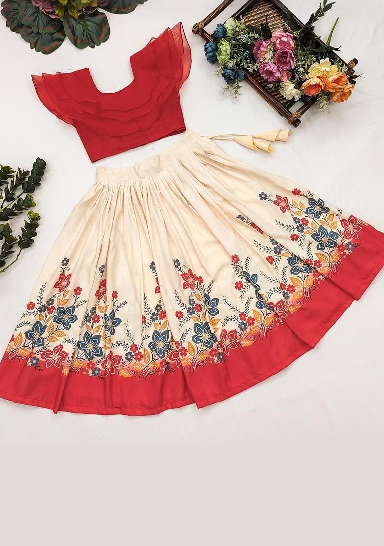 Red Embroidered Cotton Blend Lehenga Choli For Girls - Indya