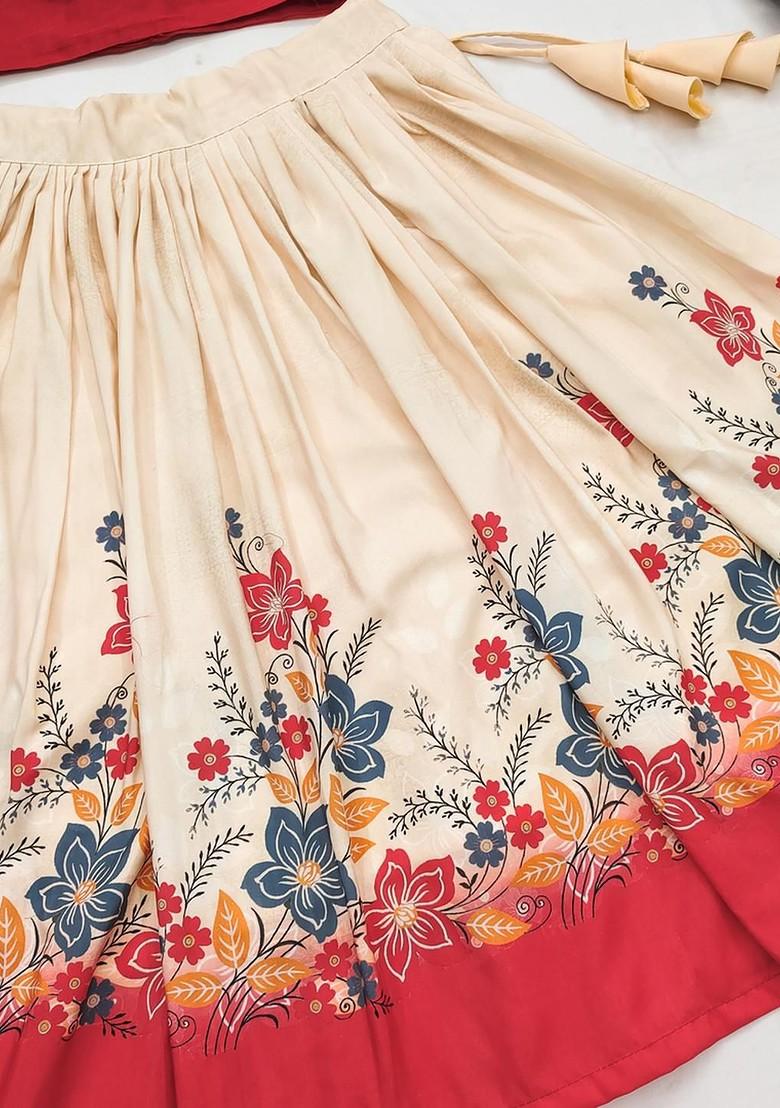 Red Embroidered Cotton Blend Lehenga Choli For Girls - Indya