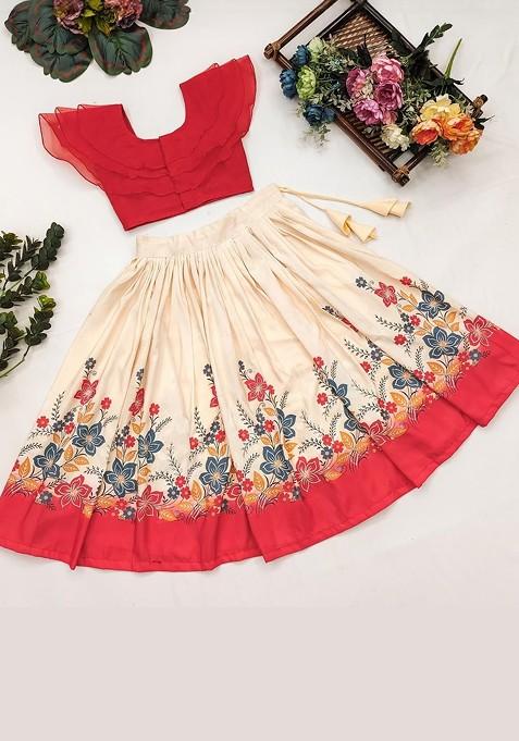 Red Embroidered Cotton Blend Lehenga Choli For Girls — view on Indya