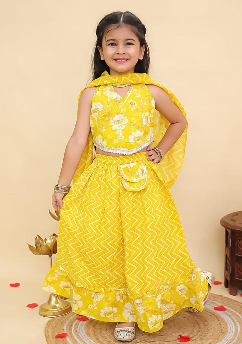 Yellow Printed Cotton Blend Lehenga Choli For Girls - Indya