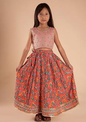 Red Printed Cotton Blend Lehenga Choli For Girls