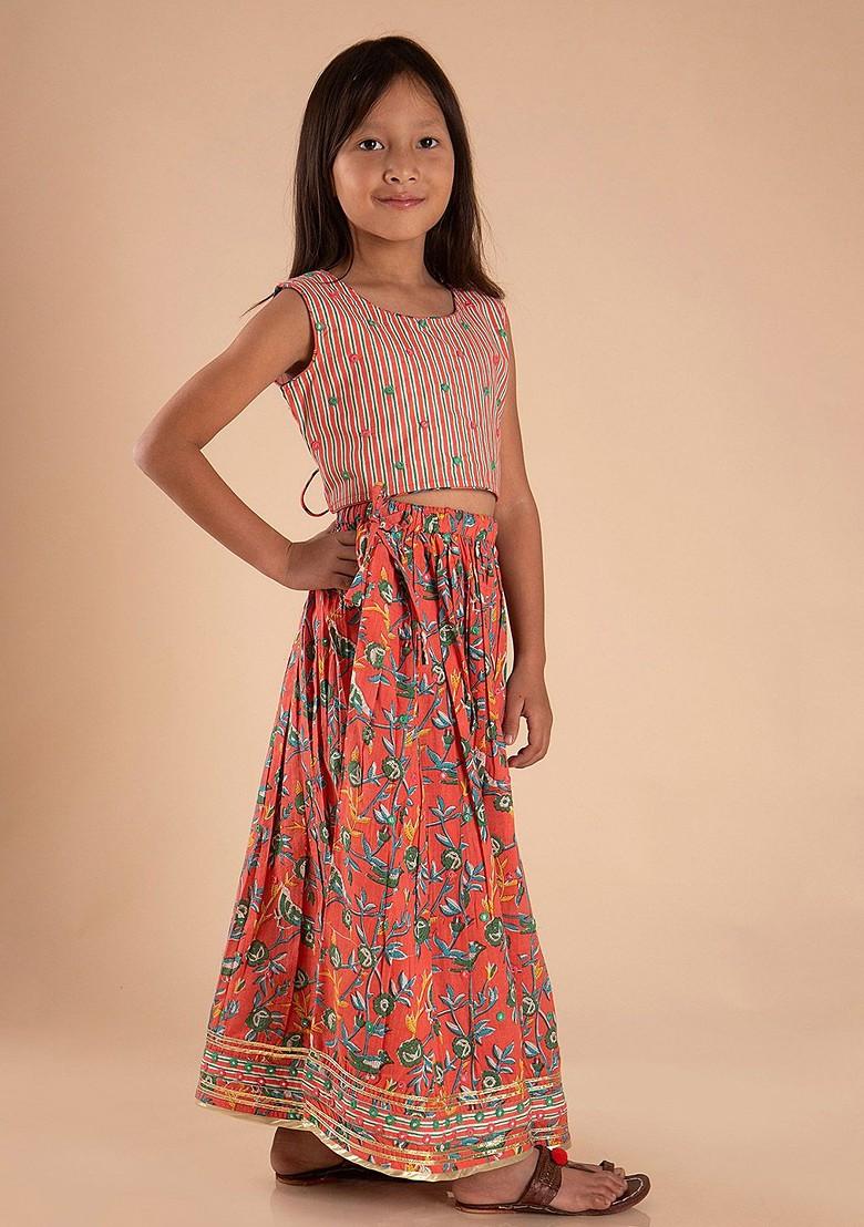 Red Printed Cotton Blend Lehenga Choli For Girls - Indya