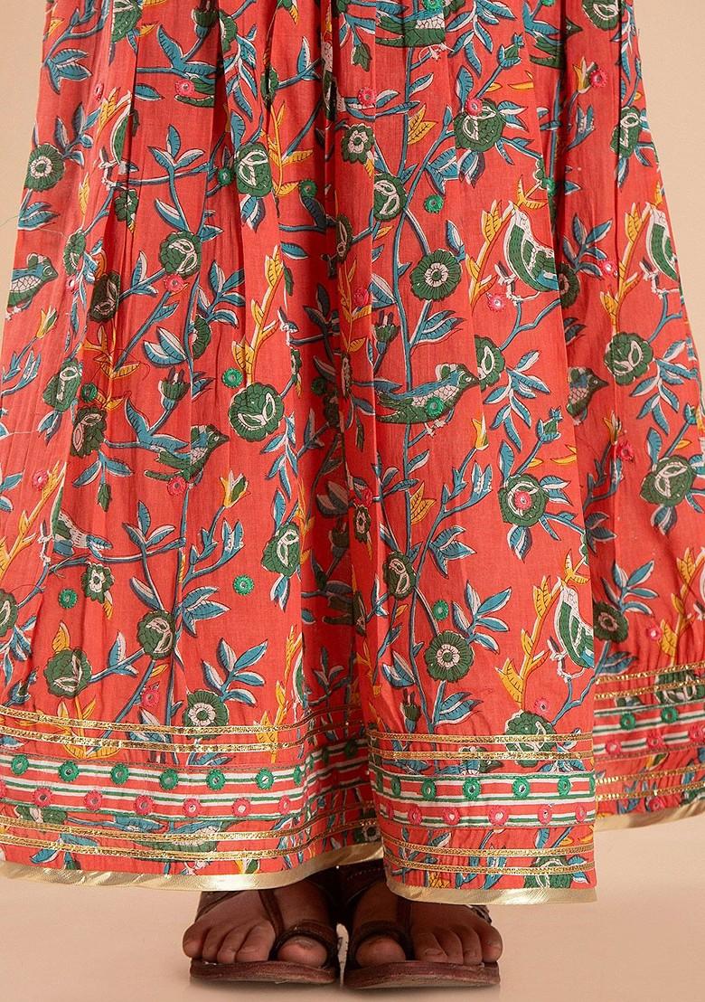 Red Printed Cotton Blend Lehenga Choli For Girls - Indya