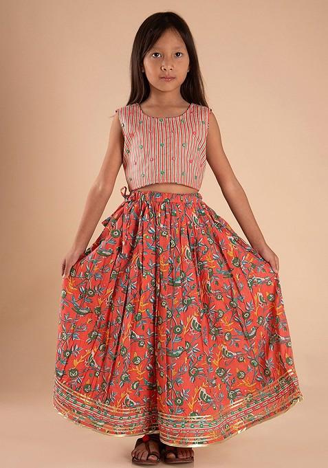 Red Printed Cotton Blend Lehenga Choli For Girls — view on Indya