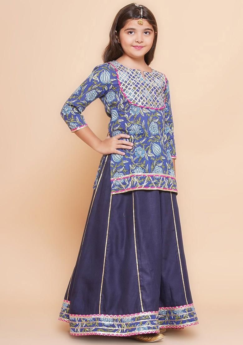 Navy Blue Printed Blended Lehenga Choli For Girls - Indya
