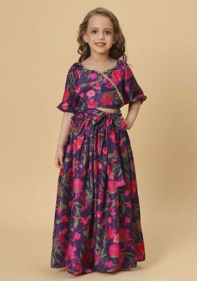 Purple Printed Blended Lehenga Choli For Girls