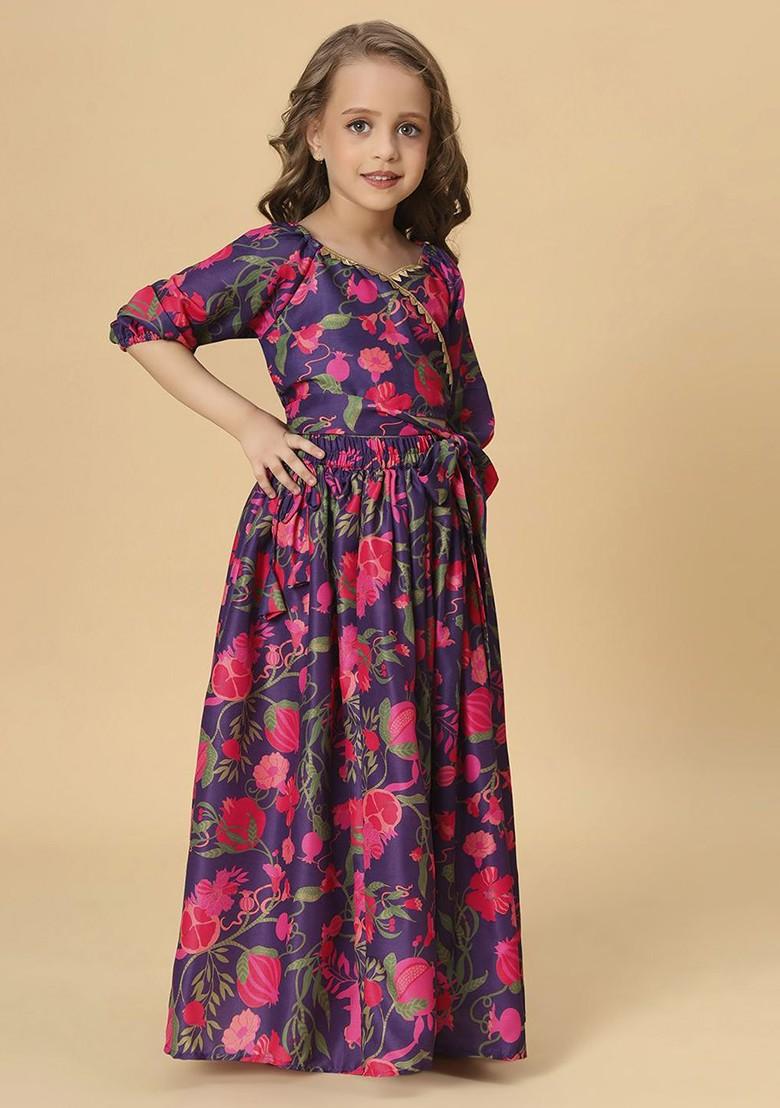 Purple Printed Blended Lehenga Choli For Girls - Indya