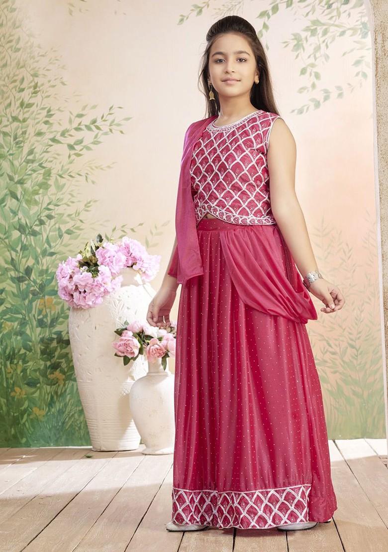 Pink Embroidered Georgette Lehenga Choli For Girls - Indya