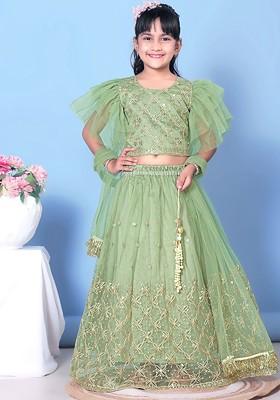 Lime Green Embroidered Net Lehenga Choli For Girls