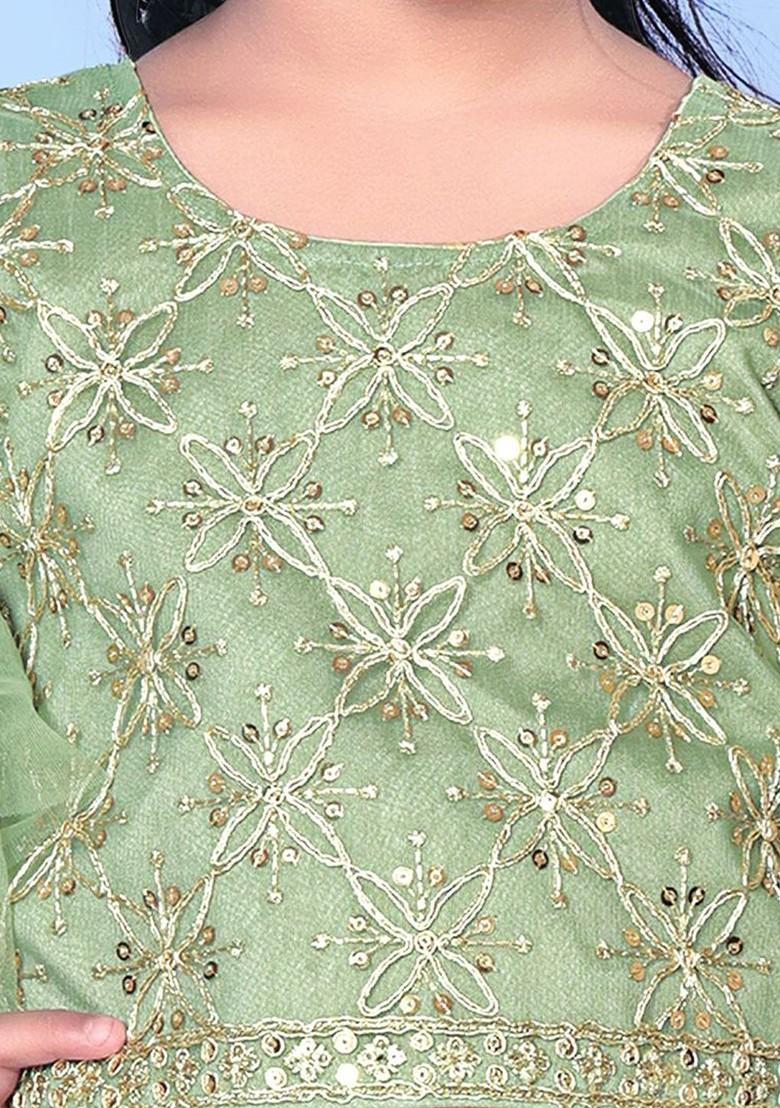 Lime Green Embroidered Net Lehenga Choli For Girls - Indya