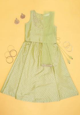Olive Printed Blended Lehenga Choli For Girls