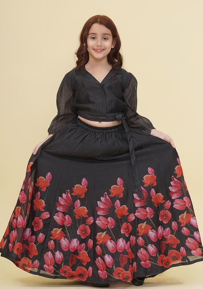 Black Printed Blended Lehenga Choli For Girls - Indya