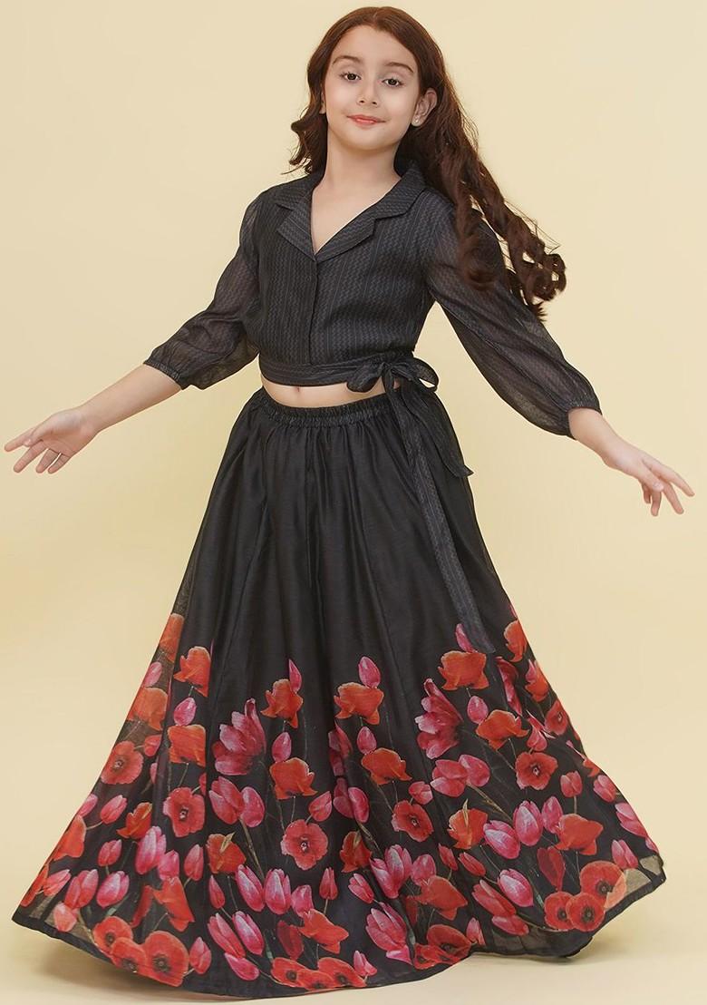 Black Printed Blended Lehenga Choli For Girls - Indya