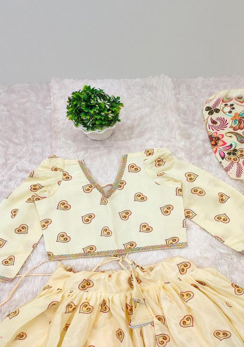 Cream Printed Silk Lehenga Choli For Girls - Indya