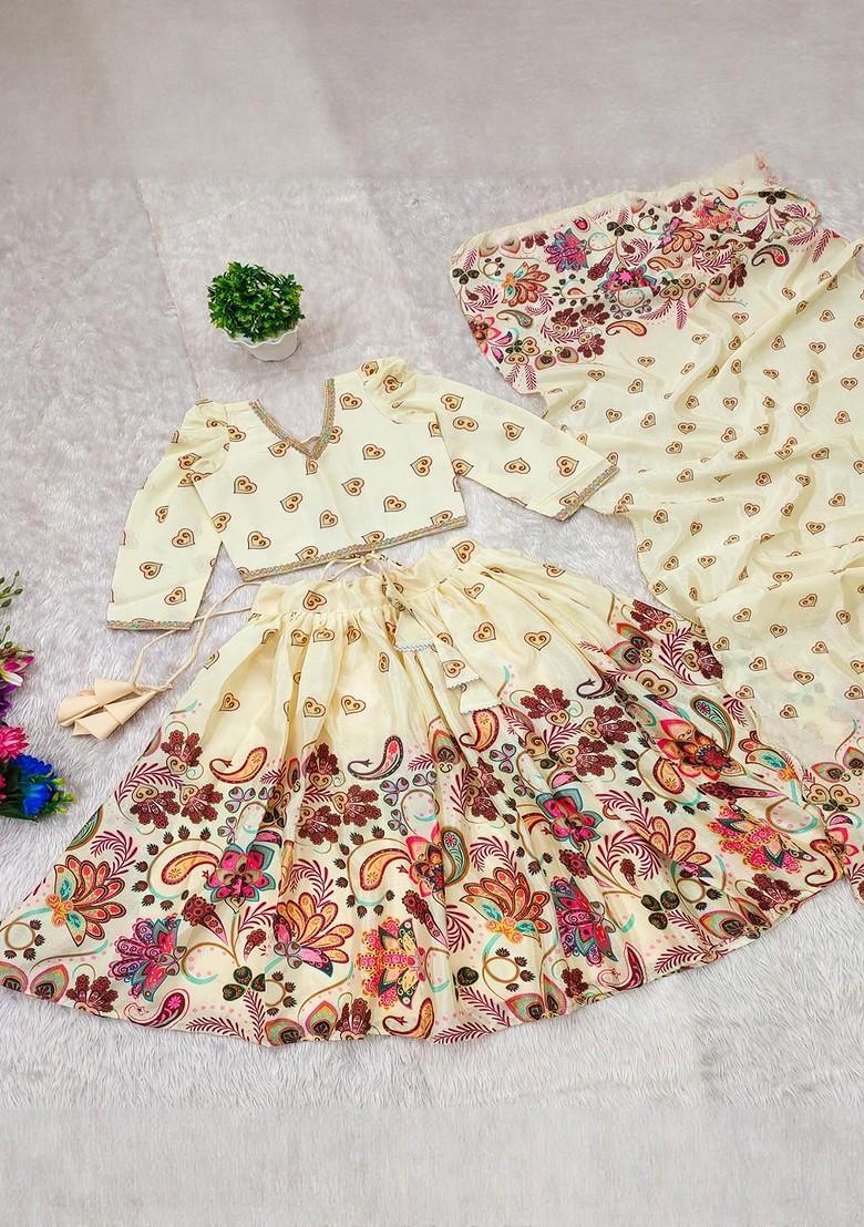 Cream Printed Silk Lehenga Choli For Girls - Indya
