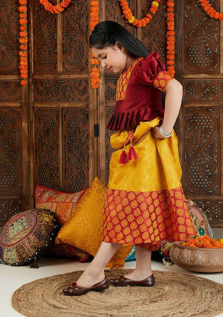 Maroon Embroidered Blended Lehenga Choli For Girls - Indya