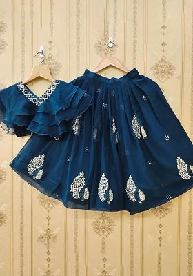 Teal Embroidered Blended Lehenga Choli For Girls