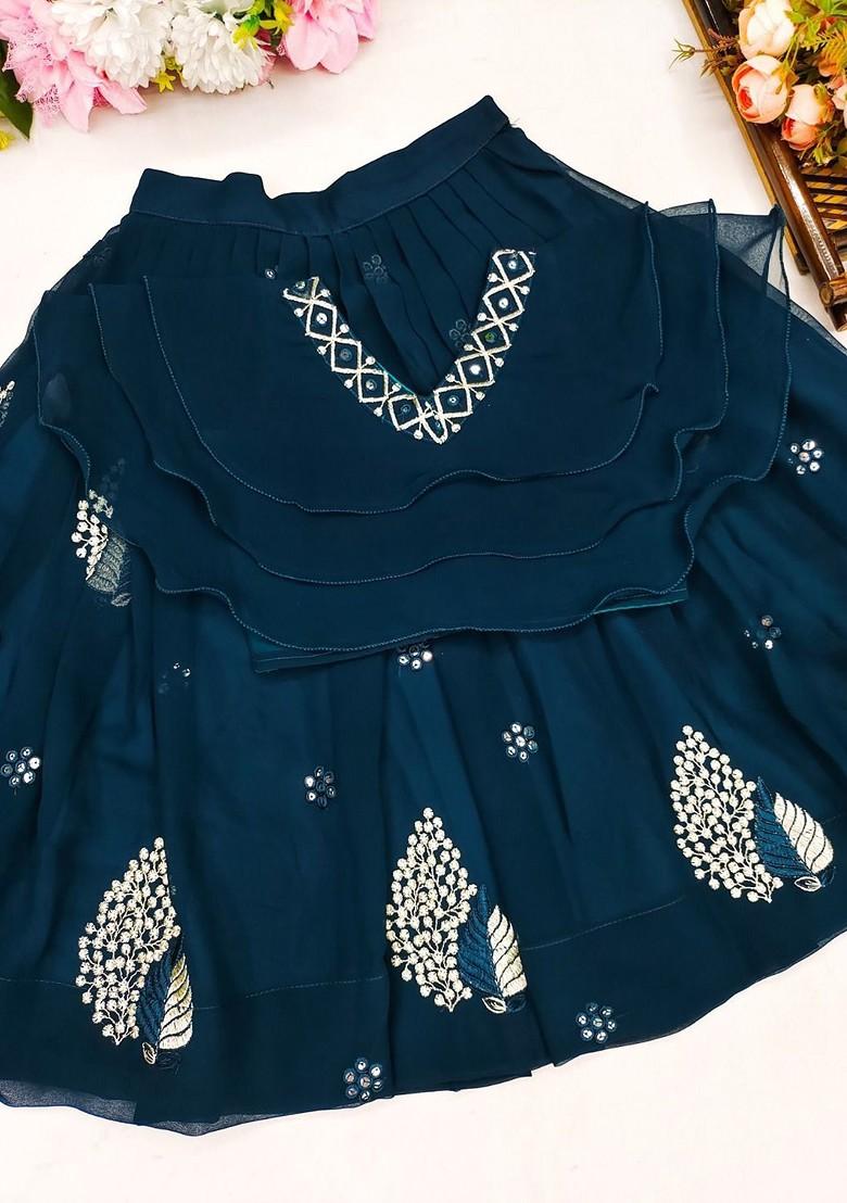 Teal Embroidered Blended Lehenga Choli For Girls - Indya